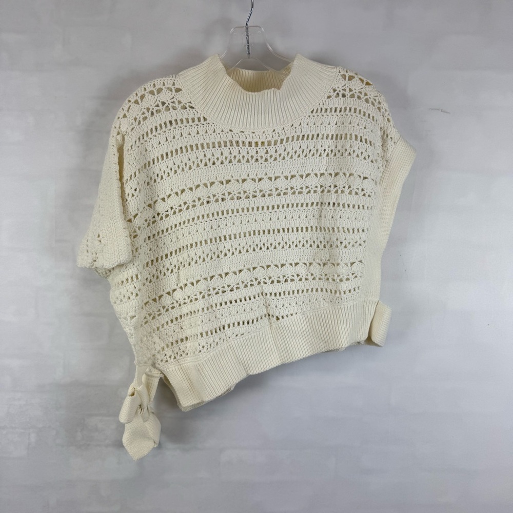Maeve Anthropologie Crochet Knit Sweater Top Ivory Tie Sides One Size